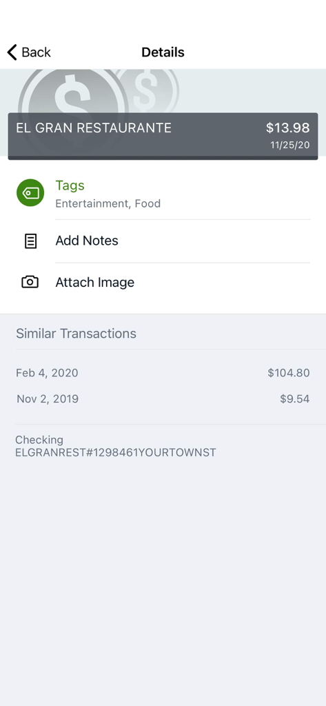 IDB Direct - Tela de detalhes da transação no aplicativo IDB Direct mostrando informações do comerciante, tags e histórico de transações semelhantes.