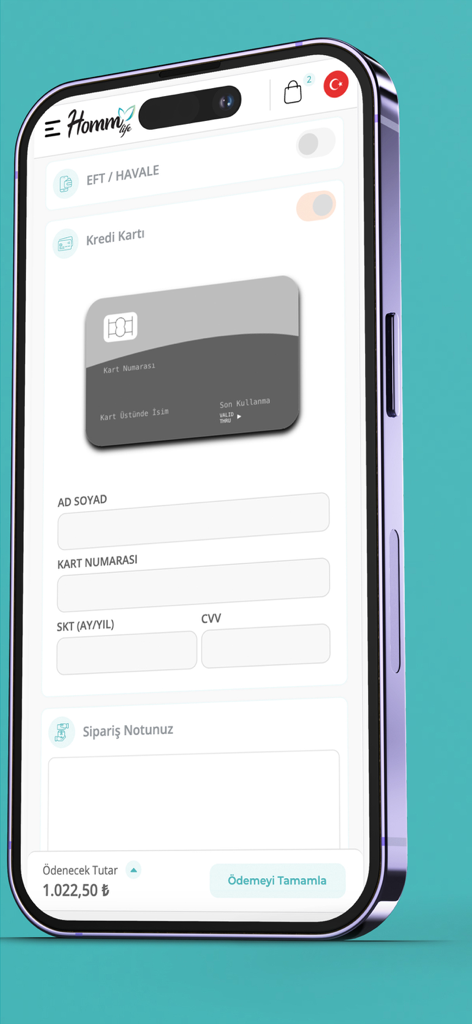 Homm Life mobile app checkout page with credit card payment fields and order summary