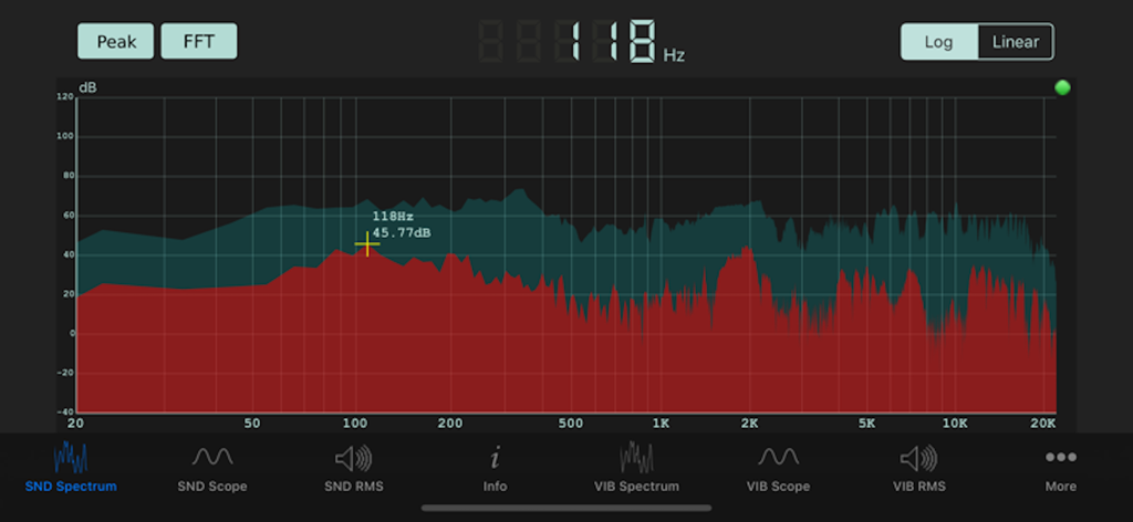 Sonic Tools SVM - Interface técnica do aplicativo Sonic Tools SVM mostrando um analisador de espectro sonoro em tempo real com gráfico de frequência FFT e níveis de decibéis