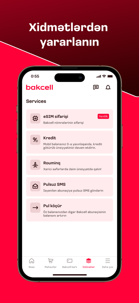 Schermata dei servizi dell'app Bakcell che mostra opzioni per eSIM, roaming e trasferimento di denaro