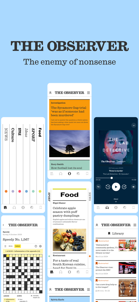 Multiple mobile screenshots of The Observer app showing news investigations podcasts food articles and a crossword puzzle