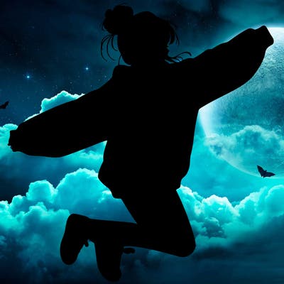 realistic girl jumping with a bun and oversized sweatshirt