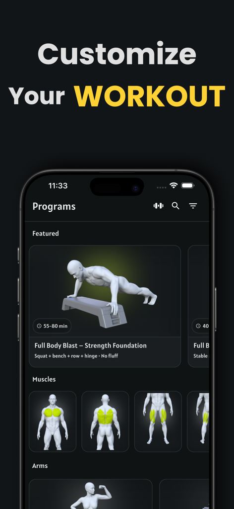 FITZZ mobile app screen for customizing workout programs and selecting muscle groups