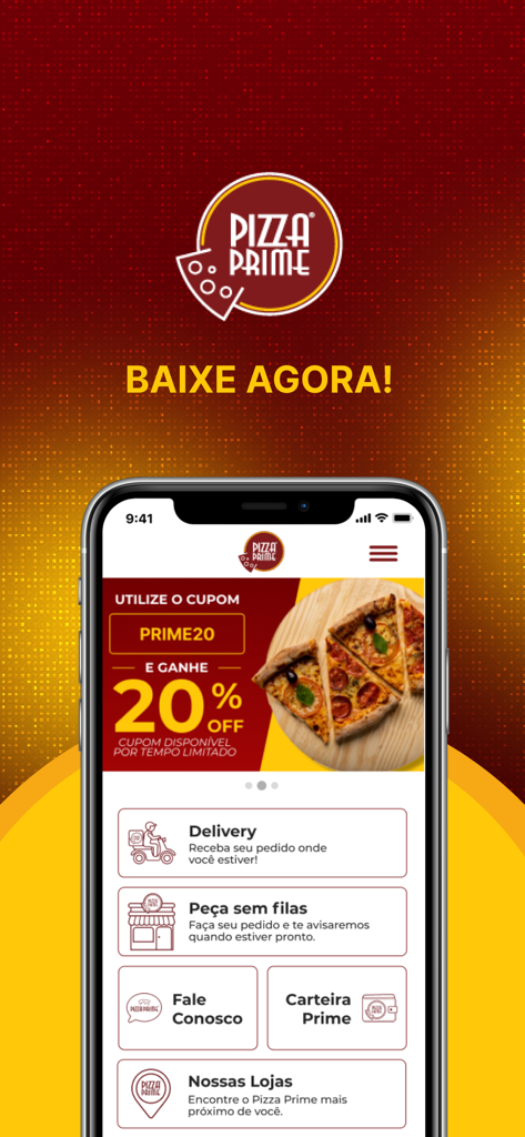 Pantalla de inicio de la app Pizza Prime Delivery en un iPhone con un banner de descuento del 20 por ciento y opciones de menú.