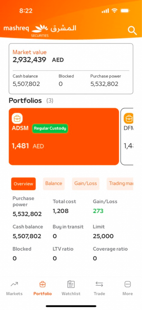 Mashreq Trade UAE - The portfolio screen of the Mashreq Trade UAE mobile app displaying market value and account balances in AED