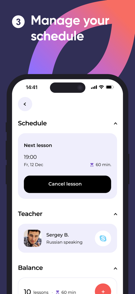 Englex: English Online - Englex mobile app interface for managing English lesson schedules, displaying upcoming class details, teacher profile, and lesson balance