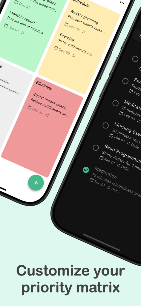 色分けされた象限とダークモードのリストビューを備えたカスタム優先度マトリックスを示すインターフェース
