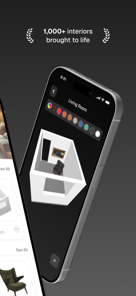 Smartphone screen showing the Kanai app interface with a 3D living room floor plan and furniture visualization.
