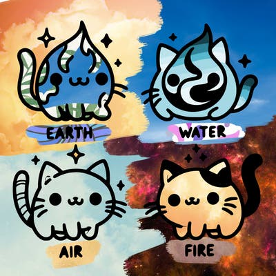 4 cats that represent the different elements, earth, water, air, and fire