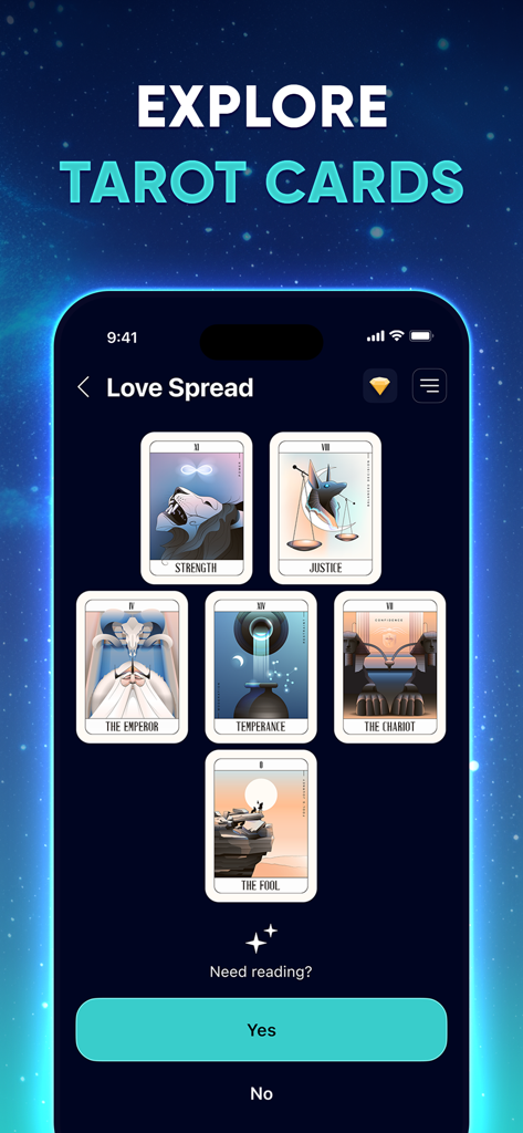 Digital tarot card spread for love featuring Strength and Justice cards on a starry background