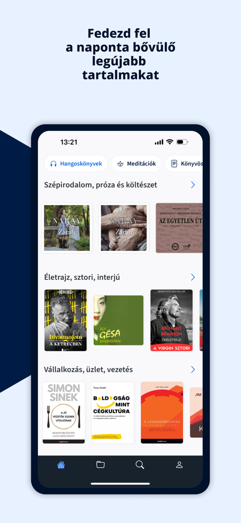 Interfaccia dell'app mobile Voiz Hangoskönyvtár che mostra categorie di audiolibri ungheresi tra cui letteratura, biografie e business