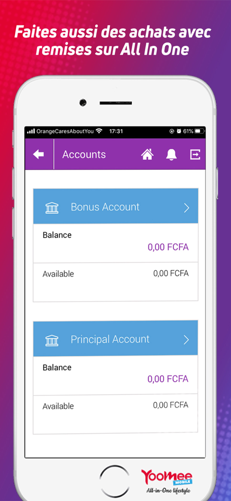 YooMee Mobile All In One - YooMee Mobile app accounts screen showing principal and bonus balances