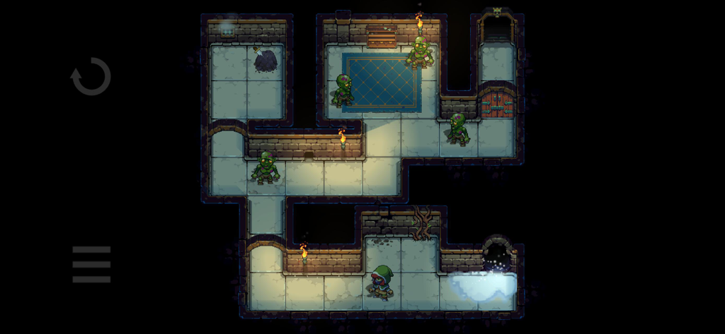 Dungeons of Dreadrock - Puzle de mazmorra en arte de píxeles visto desde arriba con monstruos verdes y un diseño de cuadrícula.