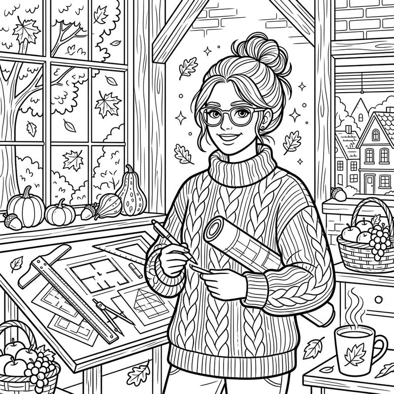Dive into the cozy spirit of autumn with this unique architect portrait coloring page. Featuring an architect designing amidst warm fall details, it's perfect for a relaxing creative session.