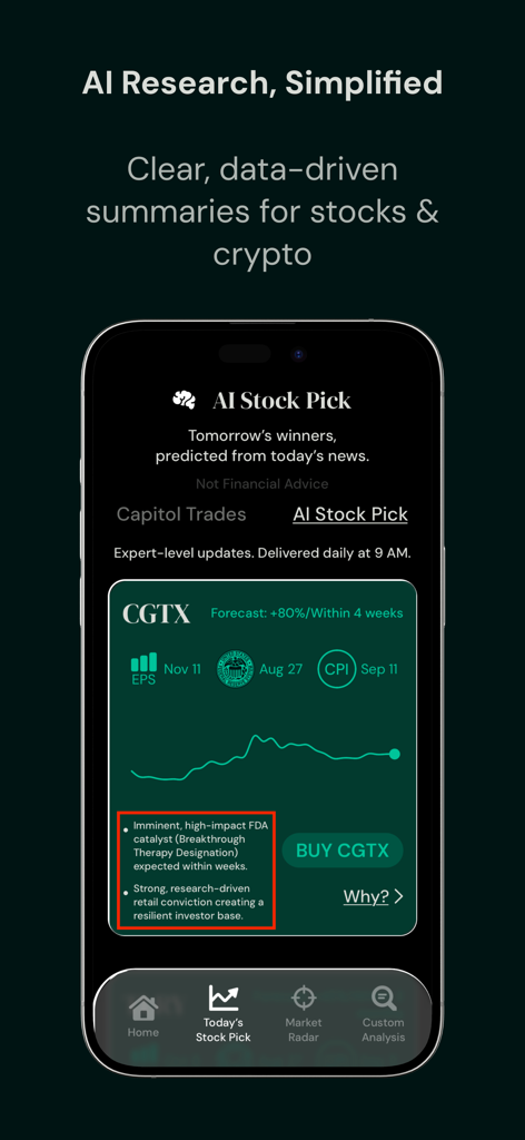 TradeGenius: Insider Trading - TradeGenius app interface displaying AI-powered stock analysis and research summaries for investors.
