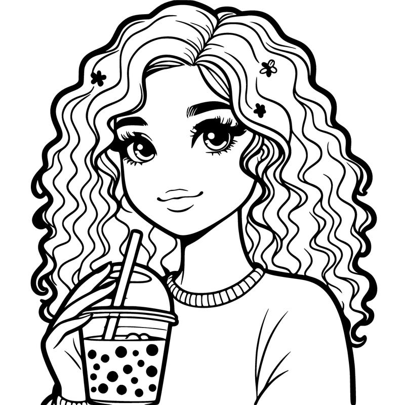 pretty teenager curly hair drinking boba