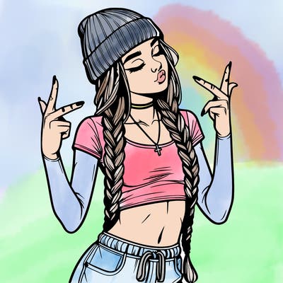 realistic teenage girl with braids and a beanie and crop top doing 🫶🏼