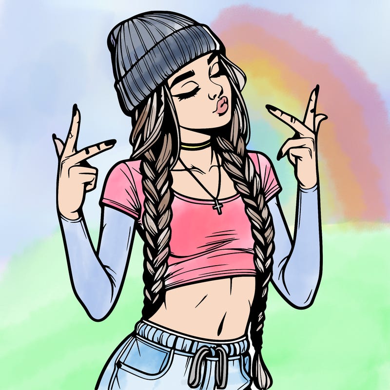 realistic teenage girl with braids and a beanie and crop top doing 🫶🏼