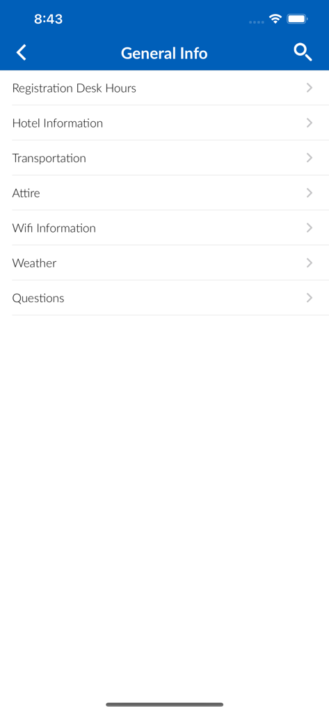 Nerds x NerdWallet - The General Info screen of the Nerds x NerdWallet app displaying a list of event logistics including registration hours, hotel info, and attire.