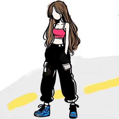 girl in baggy pants crop top and long hair