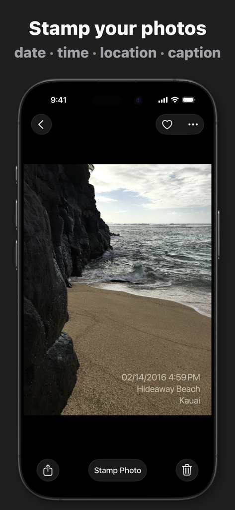 iPhone displaying a beach photo with a custom date time and location stamp applied by the DateStamper app