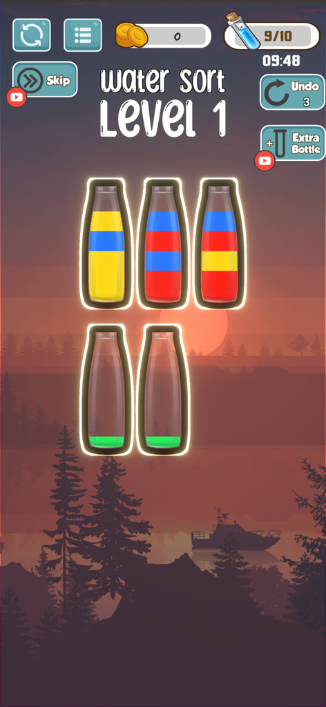 Water Sort Master: Bottle Fill - Level 1 gameplay of Water Sort Master showing glass bottles with multi-colored liquids over a sunset landscape background.