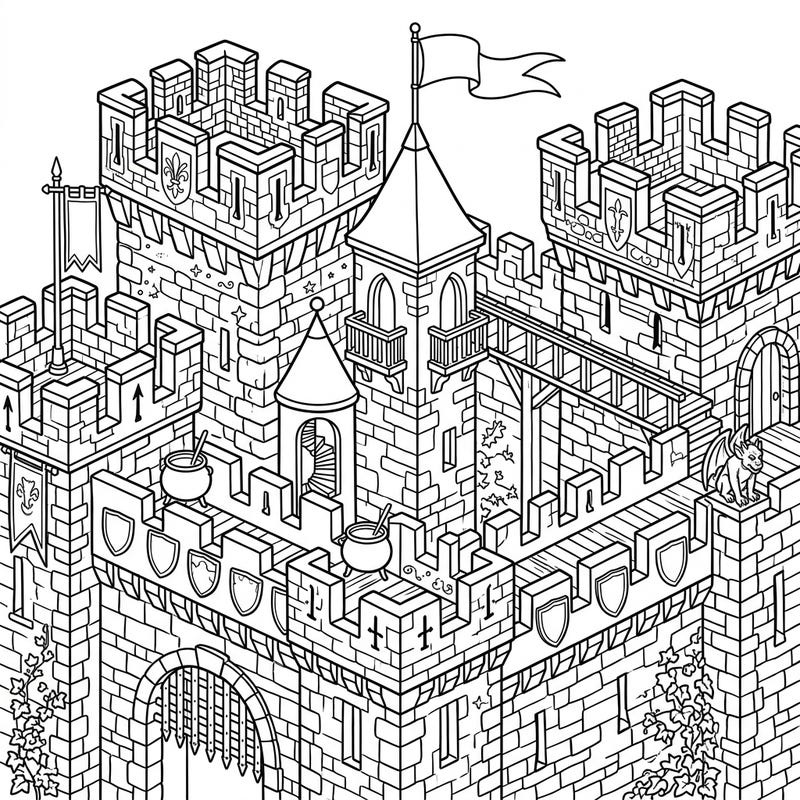 Step into a world of medieval grandeur with this intricate coloring page featuring formidable castle battlements. Designed for teens, it offers a challenging yet rewarding artistic journey through detailed fortresses and ancient walls.