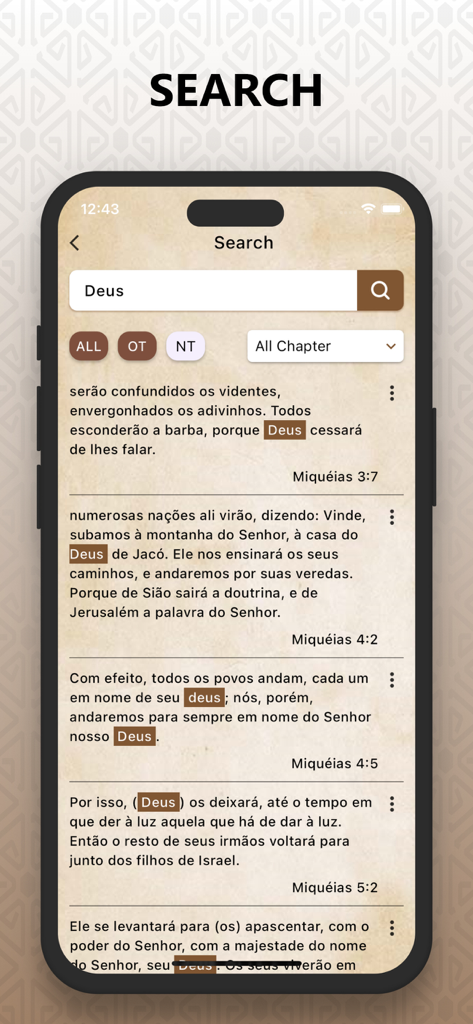 Bíblia Sagrada Ave Maria Pro - Tela de pesquisa mostrando versículos bíblicos para o termo Deus em português