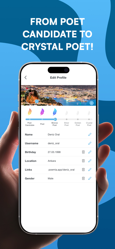 Poemia app screen showing user profile editing and poet rank progression from Candidate to Crystal Poet.