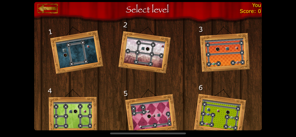 Crazy Marbles - Crazy Marbles level selection screen showing levels one through six inside golden picture frames on a wooden wall background