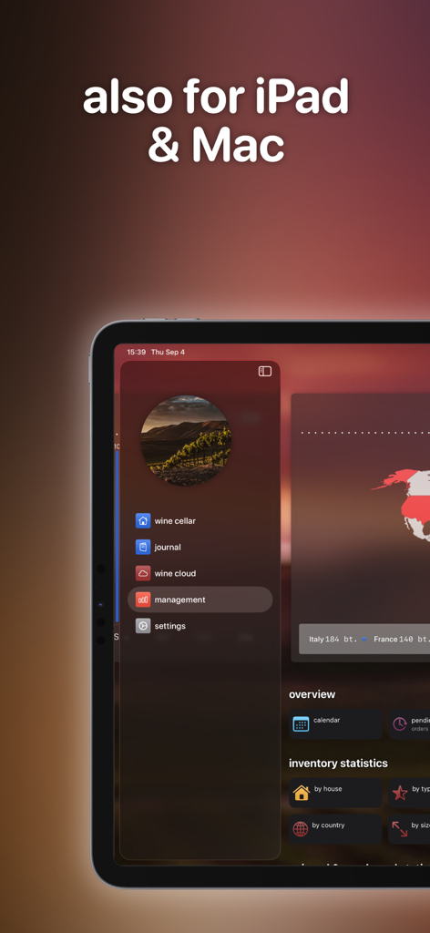 Wine Cellar Manager - Interface of the Wine Cellar Manager app on an iPad showing the management dashboard and inventory statistics
