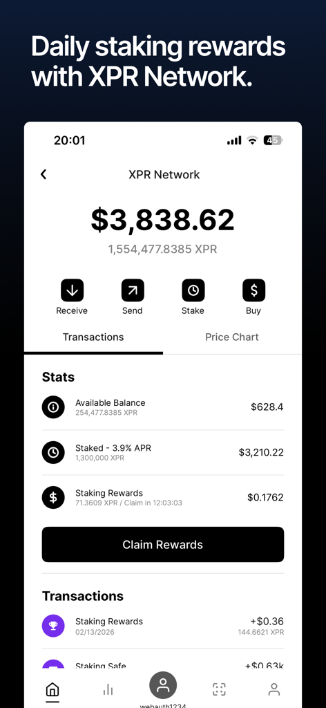 WebAuth app screen showing XPR Network staking rewards and account balance