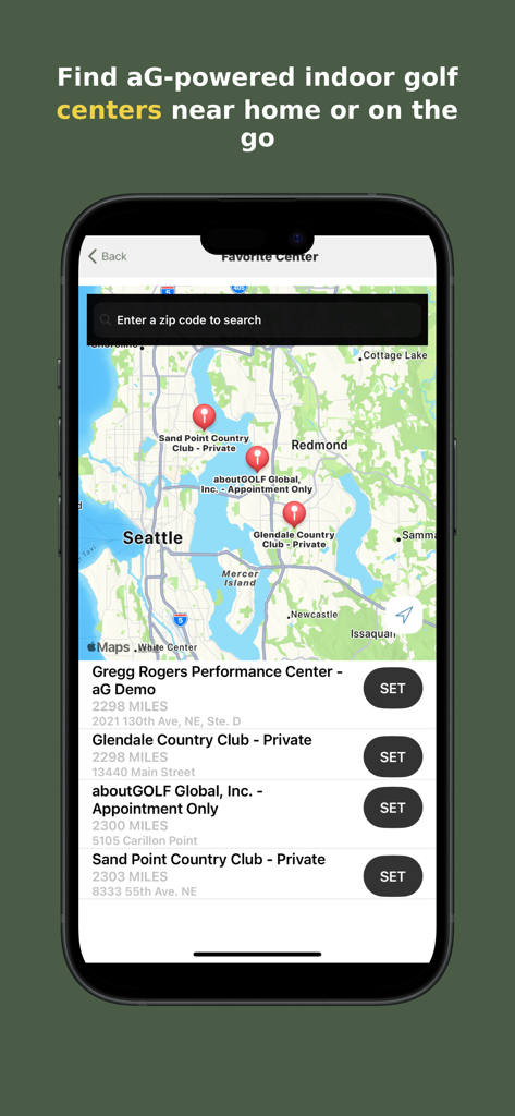 aG Locker - A mobile screen from the aG Locker app showing a map and list of nearby indoor golf centers.