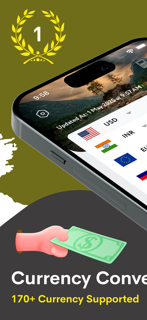 iPhone screen showing currency exchange rates for USD and INR with text stating 170 plus currencies supported