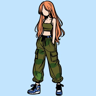 girl in baggy pants crop top and long hair