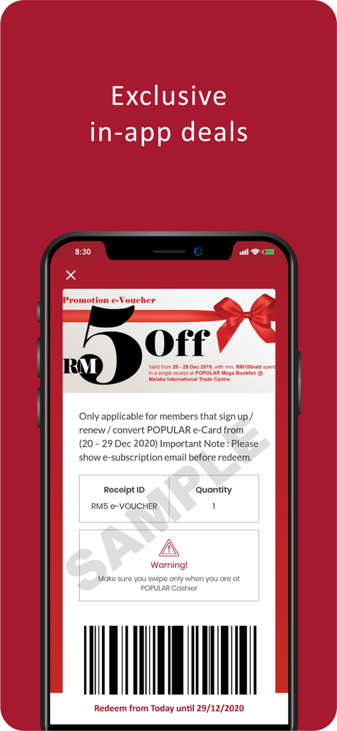 Mobile app screen for Popular MY showing an exclusive RM5 off membership voucher