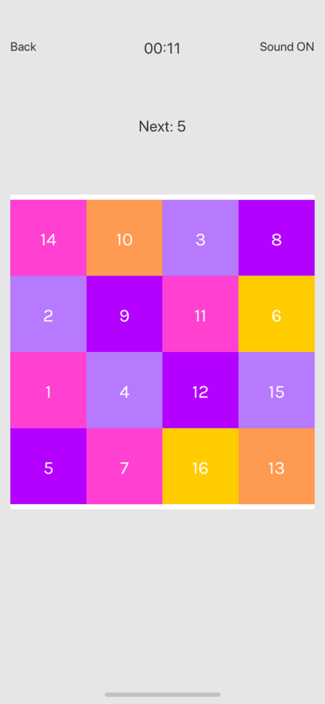 Schulte - Attention training - Una colorida cuadrícula Schulte de cuatro por cuatro con números para el entrenamiento de enfoque mental y atención