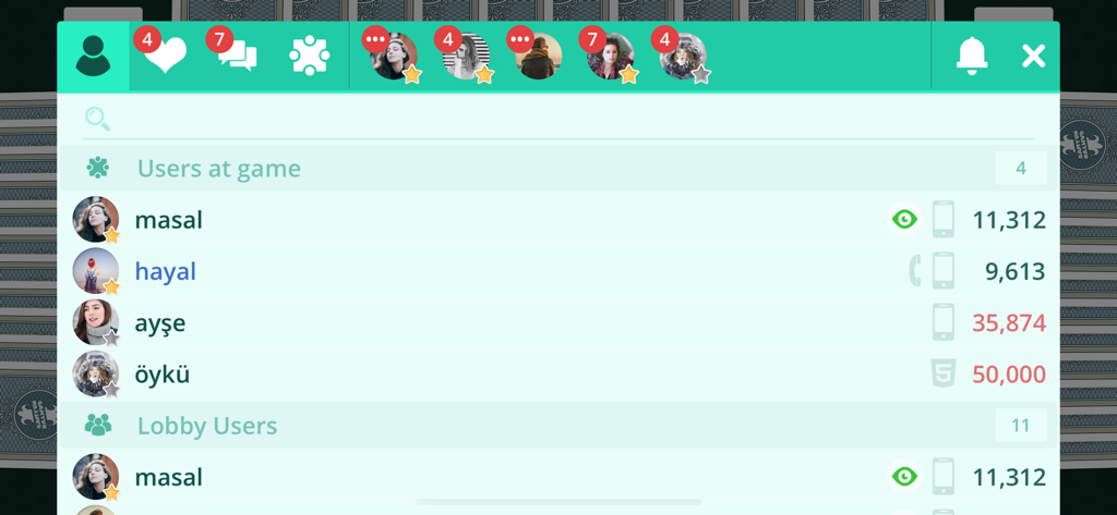 A list of active users and players in the social lobby of the King and Rifki card game app