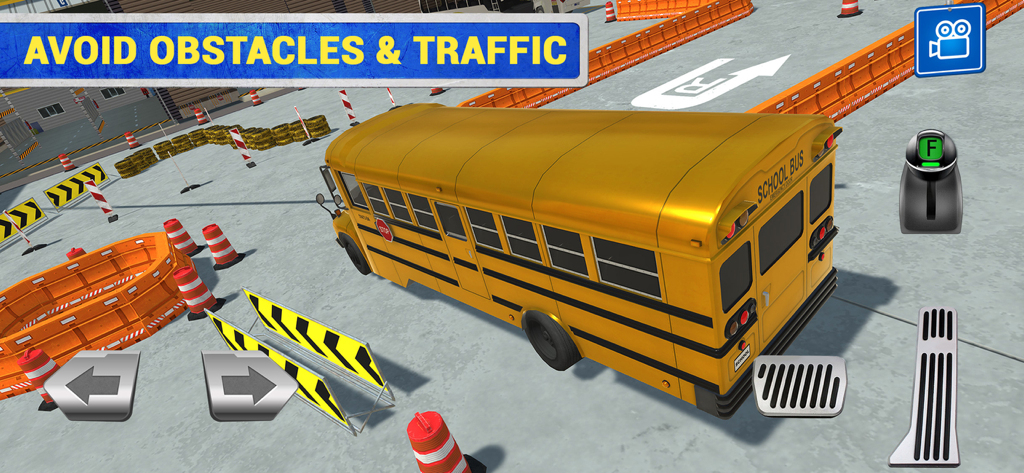 A yellow school bus maneuvering through a training arena obstacle course in a driving simulator.