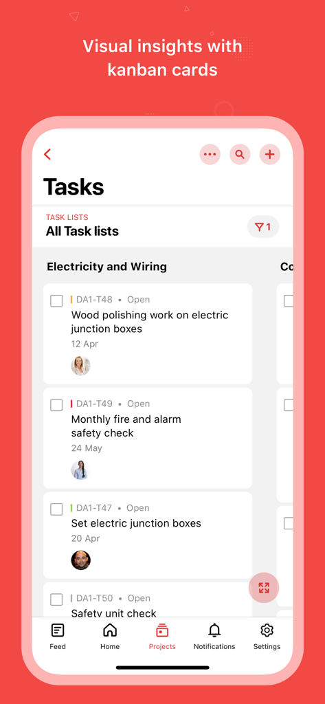 Zoho Projects Work Management - Interface of Zoho Projects mobile app showing task cards in a Kanban board layout.