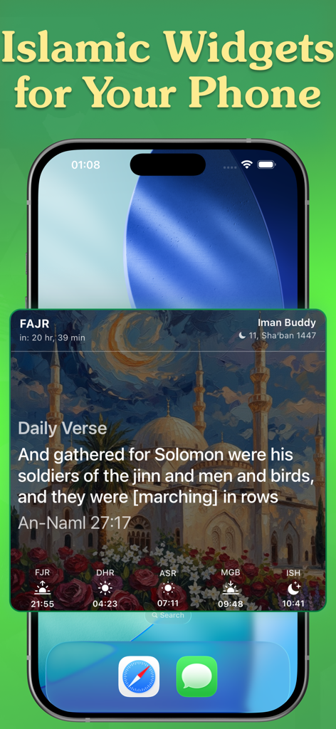 Iman Path Islamic widget on an iPhone home screen showing a Quran verse and prayer times