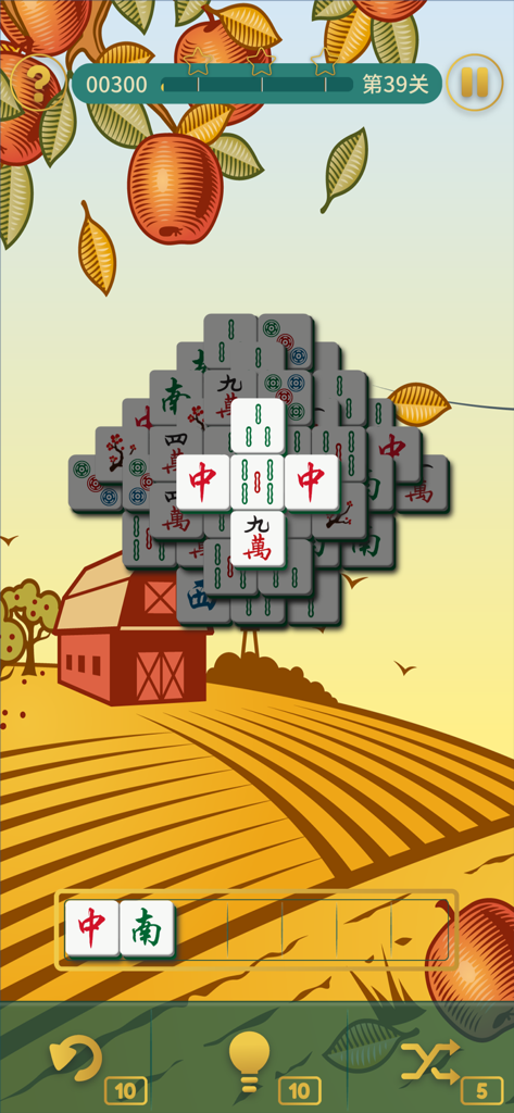 A portrait mode screenshot of Mahjong Craft showing a tile matching puzzle with a relaxing farm and apple orchard background