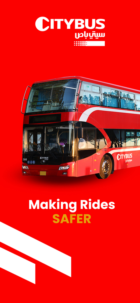 A red double-decker bus with the slogan Making Rides SAFER for Citybus Kuwait