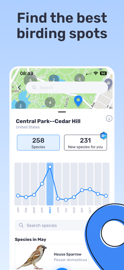 Schermata dell'app Birda per trovare punti di birdwatching e dati sulle specie