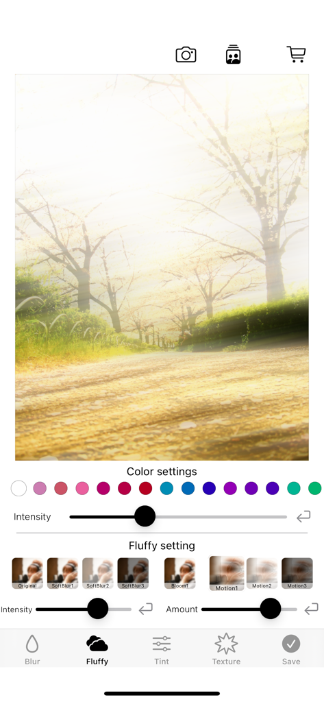 Interface of the blur effect app showing fluffy and soft filter settings for aesthetic photo editing.