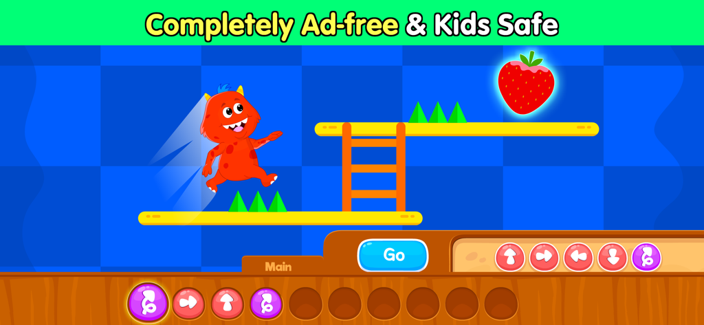 A red monster character jumping in a platforming level within a child safe coding app interface