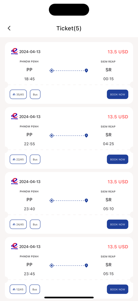 A list of available bus tickets from Phnom Penh to Siem Reap with departure times and pricing in the eBooking Express app.