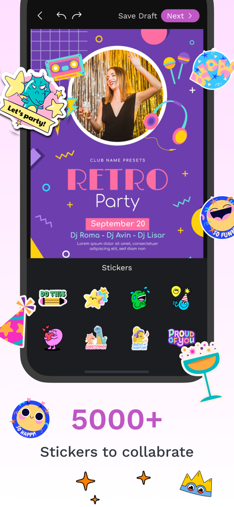 Party Invitation Cards Maker + - Interface d'application mobile montrant un design d'invitation de fête rétro avec une bibliothèque de plus de cinq mille autocollants.