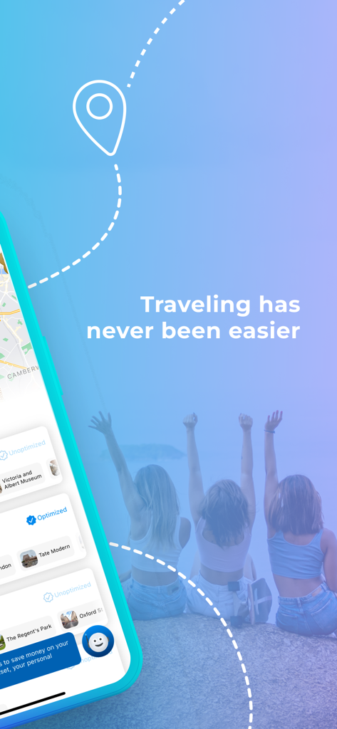TripWise AI Travel Planner - TripWise AI app interface showing optimized travel routes for London landmarks with three friends enjoying a scenic view in the background