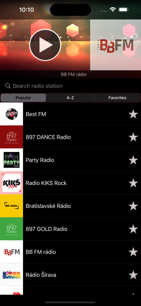A mobile interface of the Radio SK app showing a list of popular Slovak radio stations including Best FM and Party Radio with a play button at the top